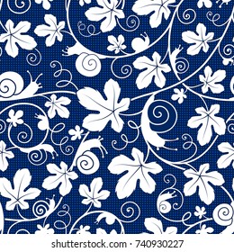 Snails on the vine. Seamless white-blue vector pattern made of snails, leaves and stems.