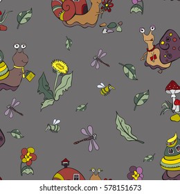 Snails pattern. Cartoon snail. Seamless background.
