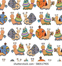 Snails pattern. Cartoon snail. Seamless background.