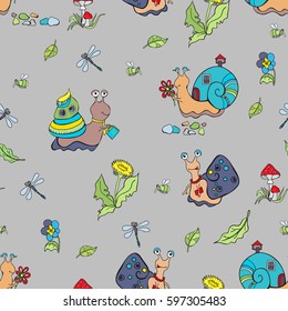 Snails pattern. Cartoon snail. Seamless background.