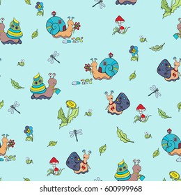 Snails pattern. Cartoon snail. Seamless background.