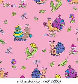 Snails pattern. Cartoon snail. Seamless background.
