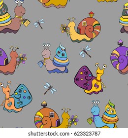 Snails pattern. Cartoon snail. Seamless background.
