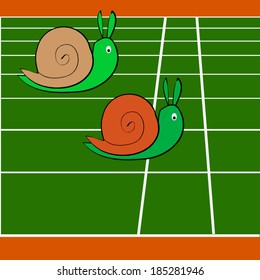 Snails race on sports track near the finish line 