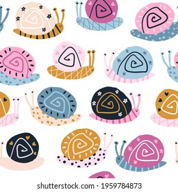 Snails seamless pattern. Summer nursery vector background in colorful trending colors. Hand-drawn childish naive illustrations in a simple Scandinavian style in a limited palette