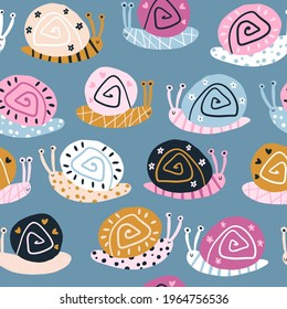 Snails seamless pattern. Summer nursery vector background in colorful trending colors. Hand-drawn childish naive illustrations in a simple Scandinavian style in a limited palette