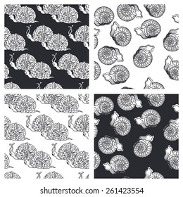 Snails seamless patterns set for your textile design. Monochrome.