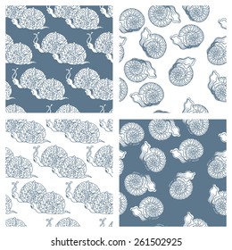 Snails seamless patterns set for your textile design. Monochrome.