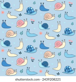 Snails and slugs, cute seamless pattern design