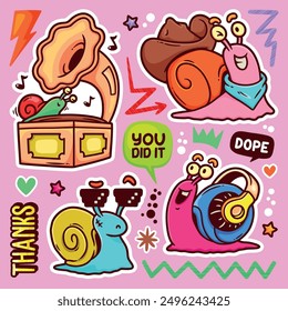 Snails Sticker Balloon Hand Drawn Doodle Element Vector Collection