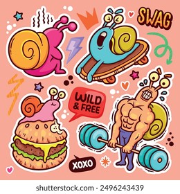 Snails Sticker Balloon Hand Drawn Doodle Element Vector Collection