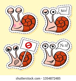 Snails stickers set. Funny emoji. Nature character. Cartoon. Icon, element, design, card, gift, textile, logo. Confused, no, stop, yes.