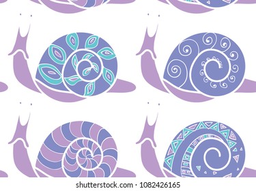 Snail's vector seamless pattern on a white background. Repeating pastel and lilac texture for background, wallpaper, wrapping, textile, fabric, children's subject