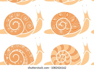 Snail's vector seamless pattern. Repeating apricot color texture for background, wallpaper, wrapping, textile, fabric, children's subject