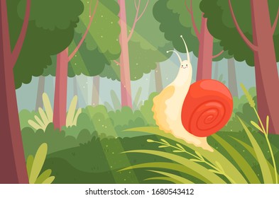 Snails in wood. Slime slow moving on green grass in wood nature animal garden snail vector illustration