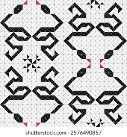 Snake 2025 chines new year. Geometric seamless patterns in black and white create a visually stunning and symmetrical design.  A touch of color adds subtle contrast.