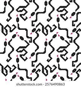 Snake 2025 chines new year. Geometric seamless patterns in black and white create a visually stunning and symmetrical design.  A touch of color adds subtle contrast.