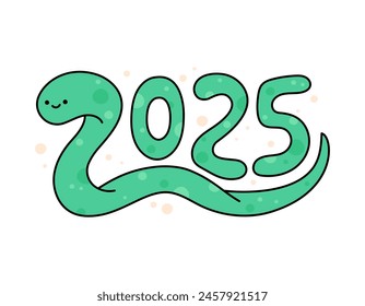 Snake 2025 year symbol. Cute cartoon green snake smiling. Adorable doodle character. Vector illustration. 2025 numbers Chinese horoscope, oriental zodiac calendar