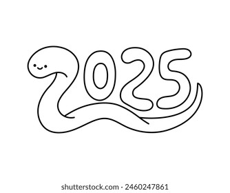 Snake 2025 year symbol. Cute cartoon outline snake smiling. Adorable doodle character. Vector illustration. 2025 numbers Chinese horoscope, oriental zodiac calendar