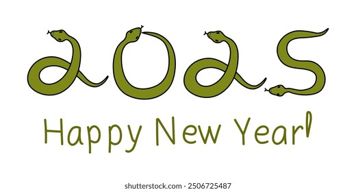 Snake 2025 year symbol. Cute cartoon outline snake smiling. Adorable doodle character