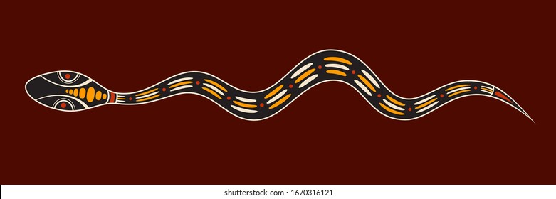 Snake. Aboriginal art style. Flat design style. Vector color illustration isolated on brown background.