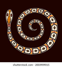 Snake. Aboriginal art style. Сurled up snake. Flat design style. Vector color illustration isolated on brown background.