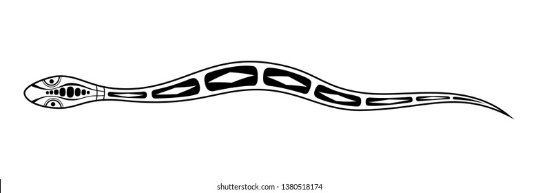 Snake. Aboriginal art style. Tatoo. Black and white logo. Vector monochrome illustration isolated on white background.