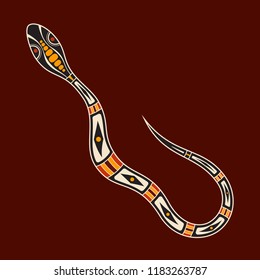 Snake. Aboriginal art style. Vector color illustration isolated on brown background.