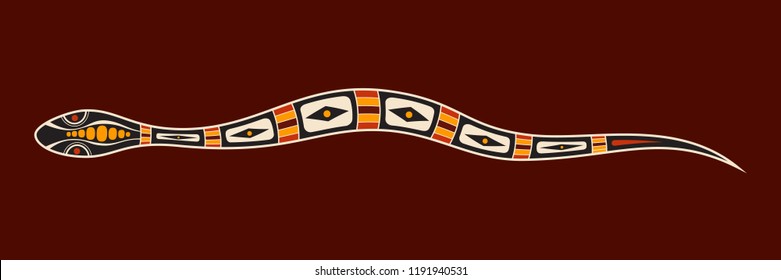 Snake. Aboriginal art style. Vector color illustration isolated on brown background.