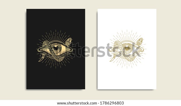 Snake with All seeing eye, symbol of\
the Masons, eye and  gold logo, spiritual guidance tarot reader\
design. engraving, decorative illustration\
tattoo