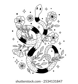 Serpiente entre flores, hojas y estrellas sobre fondo blanco. Vector de moda estilizado en blanco y negro ilustración aislada dibujado a mano doodle. Cartel botánico Abstractas