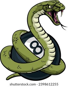A snake angry mean pool billiards mascot cartoon character holding a black 8 ball. svg