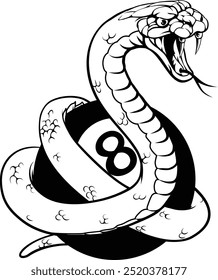 A snake angry mean pool billiards mascot cartoon character holding a black 8 ball.