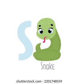 Snake. Animal ABC. Alphabet. Cute vector alphabet with little animal. Print for kids room decoration, fabric, paper, card, t shirt, poster, textile.