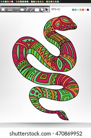 Snake. Animal patterns with hand-drawn doodle waves and lines. Vector illustration in bright colors.
