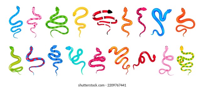 Snake animals. Colorful serpents. Isolated nature patterns. Floral tropical skin tattoo. Magic wildlife reptiles. Poisonous dangerous predators. Viper or python. Vector cartoon zoo set