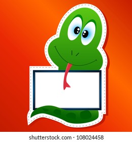 Snake in animated style with a frame for the text in the form of a sticker