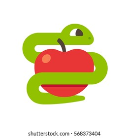 Snake with apple. Biblical Evil, temptation and tree of knowledge concept. Simple cartoon vector illustration. Snake with apple. Biblical Evil, temptation and tree of knowledge concept. Simple cartoon vector illustration.