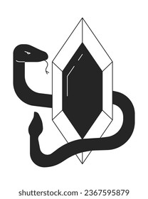 Snake around ancient diamond flat monochrome isolated vector object. Mystery. Antique accessory. Editable black and white line art drawing. Simple outline spot illustration for web graphic design