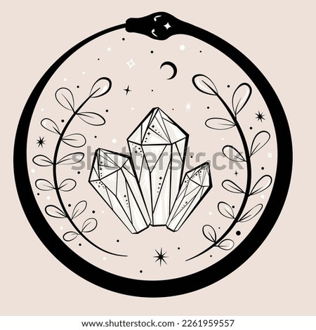 Snake around crystal. Uroboros snake. Rustic decorative plants. Floral design with snake eating its own tail. Design element for postcard, poster, cover, shop.