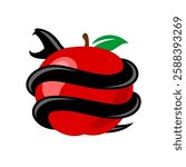 Snake around forbidden apple fruit logo. Black poisonous snake hold a red apple of sin. Religious theme illustration. Eden garden concept symbol. Color tattoo sign.
