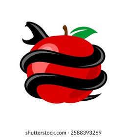 Snake around forbidden apple fruit logo. Black poisonous snake hold a red apple of sin. Religious theme illustration. Eden garden concept symbol. Color tattoo sign.