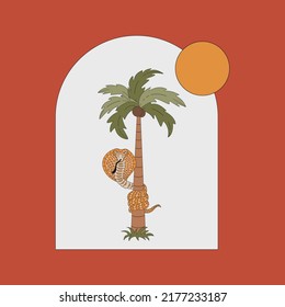 A snake around a palm tree. Flat vector illustration in vintage style.