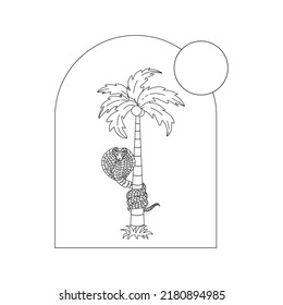 A snake around a palm tree. Flat vector illustration in vintage style.