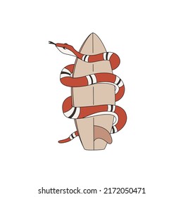 A snake around a surfboard. Hand drawn vector. Surf concept.