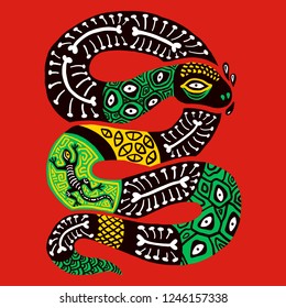 The snake ate the lizard. Hand drawn illustration. Ethnic style. Print for Halloween.