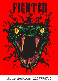 Snake Attacks, Fangs and Yellow Eyes, Inscription - Fighter, Vector Illustratin, Design for T-Shirt, Clothes, Logo, Tattoo and Other Uses