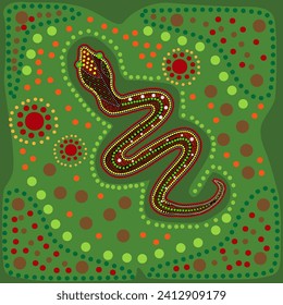 Snake in australian aboriginal style. Australia indigenous art green background with snake and dots. Decorative ethnic viper. Aboriginal tribal art craft. For flyer, poster, placard, brochure. Vector