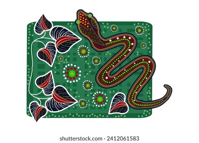 Snake in australian aboriginal style. Serpent and leaves in Australia indigenous aboriginal dots painting art style. Decorative ethnic kakadu. Aboriginal tribal art craft. Stock vector illustration