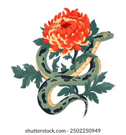 Plantilla de Ilustración vectorial de crisantemo brillante de otoño para 2025 Año de las flores de serpiente con el símbolo del año nuevo chino. Tipografía para imprimir en la camiseta, tarjeta, volante, Anuncio